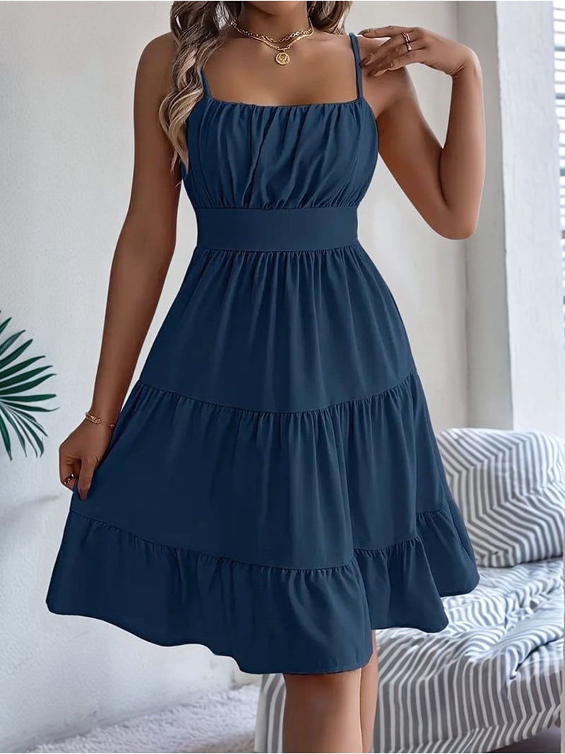 navy blue flowy mini dress Women's Square Neck Spaghetti Strap Tiered High Waist Flowy Casual Mini  Dress L