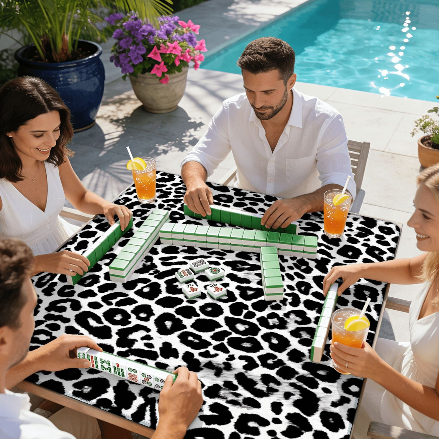 Mahjong Mat 31.5" x 31.5" leopard repeating seamless monochrome black white Non-Slip Noise Reduction American Mahjong Tiles Table Cover for Dominoes Poker Card Board Games Gift