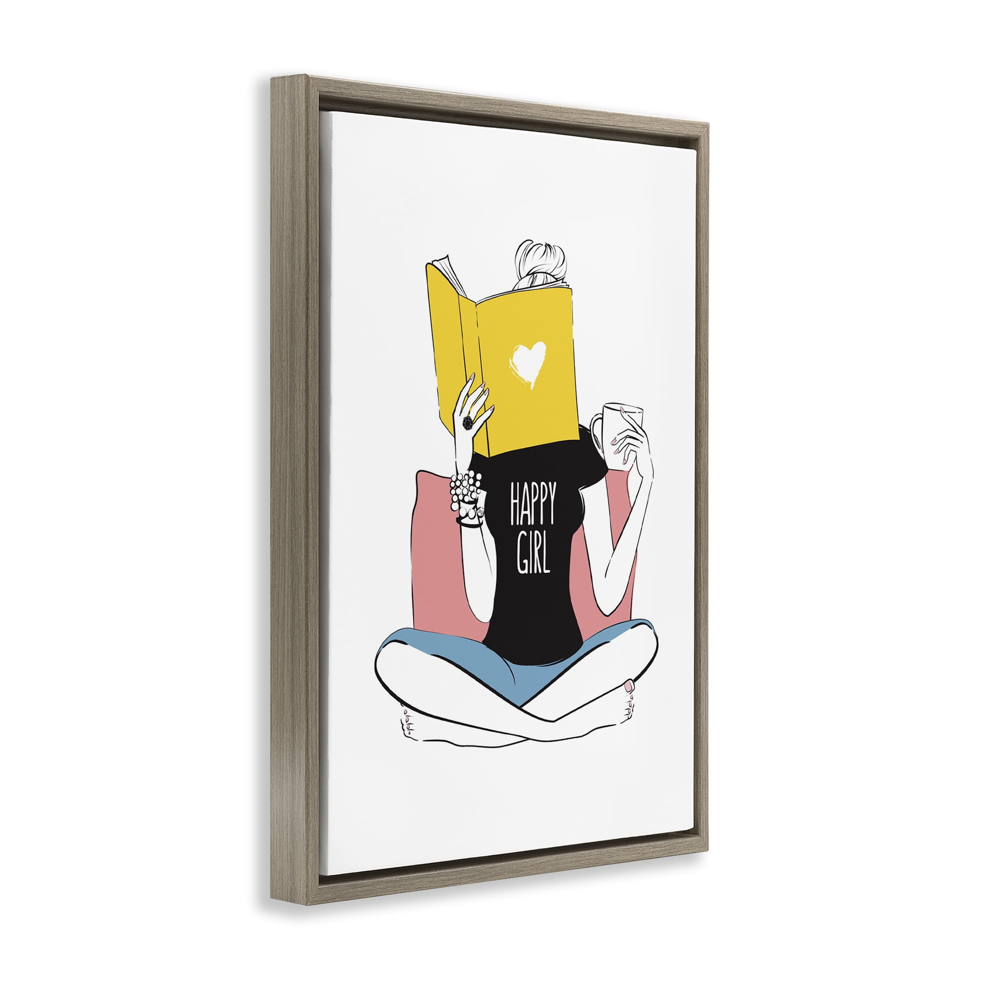 Stupell Industries Happy Reader Girl Novelty Painting Brown Floater Framed Art Print Wall Art, 21 x 31