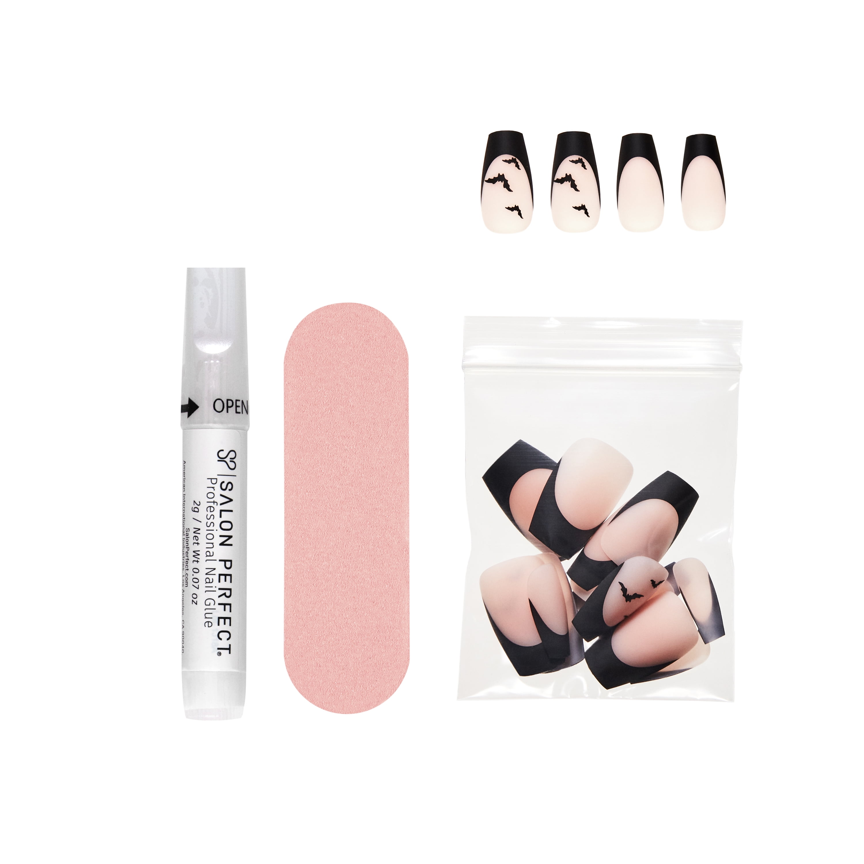 Salon Perfect Falloween Press On Nails, 334 Matte Black French Bats, File & Glue Included, 30 Nails
