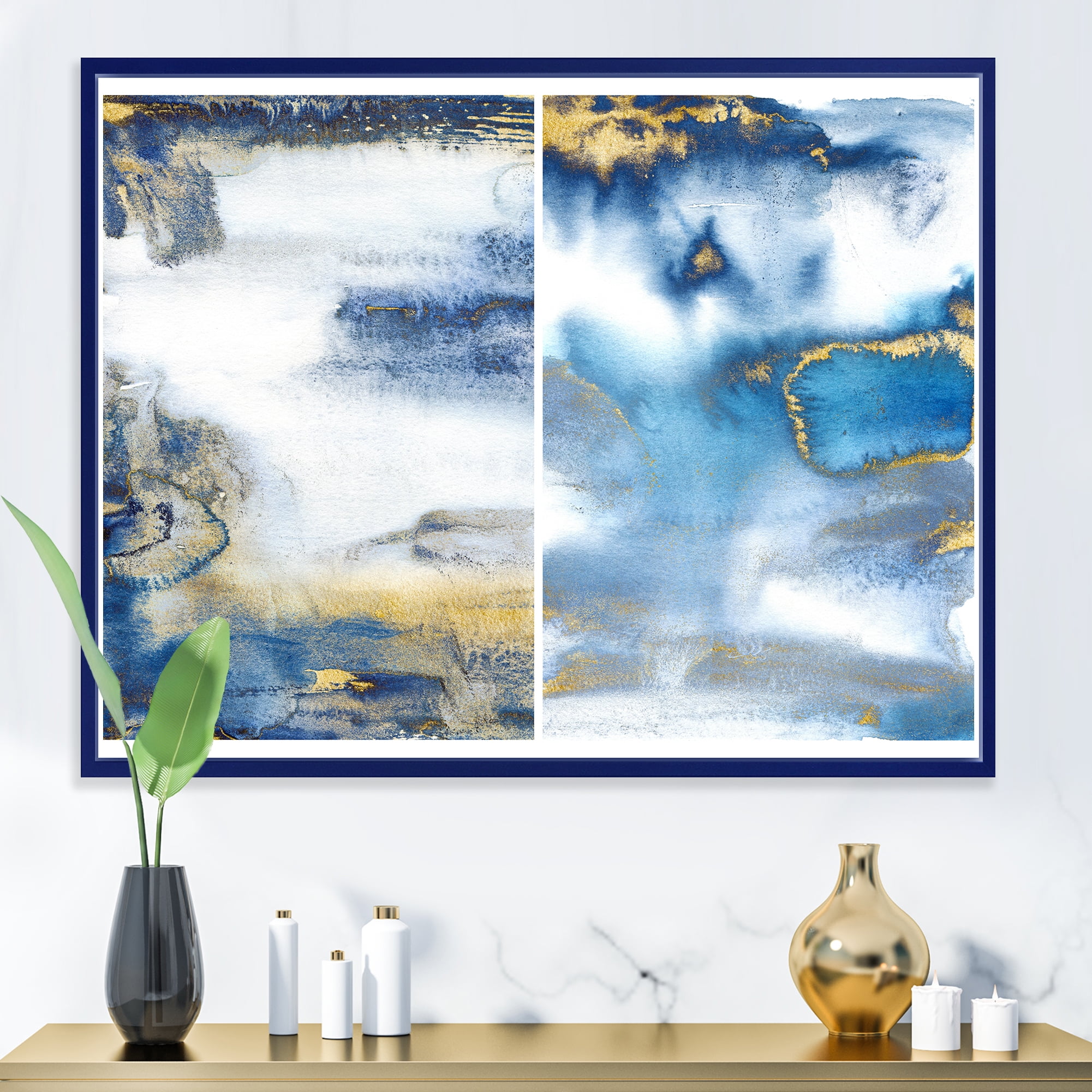 Designart 'Gold and Dark Blue Abstract Waves I' Modern Framed Canvas Wall Art Print