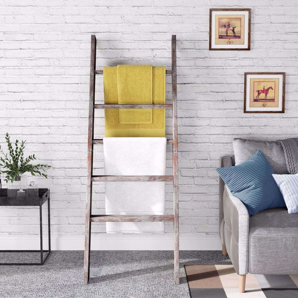 55" Blanket Ladder WallLeaning Rustic White Finish Wood Ladder Shelf, Decorative Ladder Rack