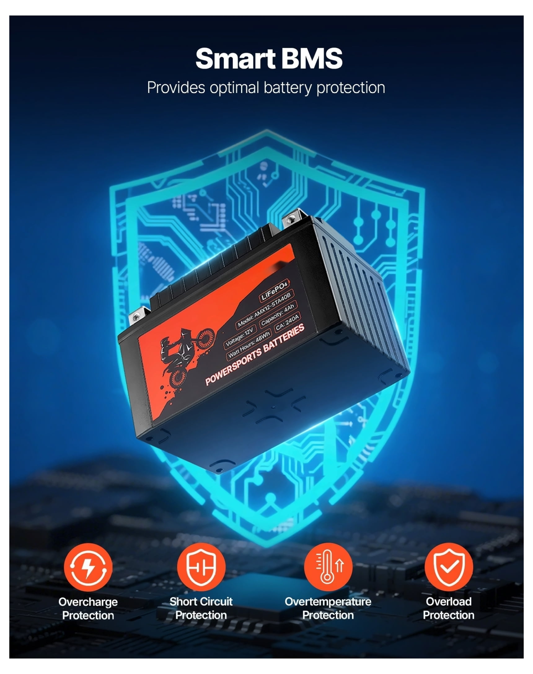 Motorcycle Battery 12V 4Ah YTX12-BS Powersports Battery - High Performance, ATV, Scooter, Snowmobile Replacement