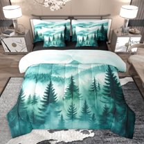 Homewish Natural Botanical 7pcs Bedding Comforter Set,Tropical Pine Tree Queen Bedding Sets,Cyan White Queen Sheet Sets For Adults,Microfiber Bedroom Decor Reversible