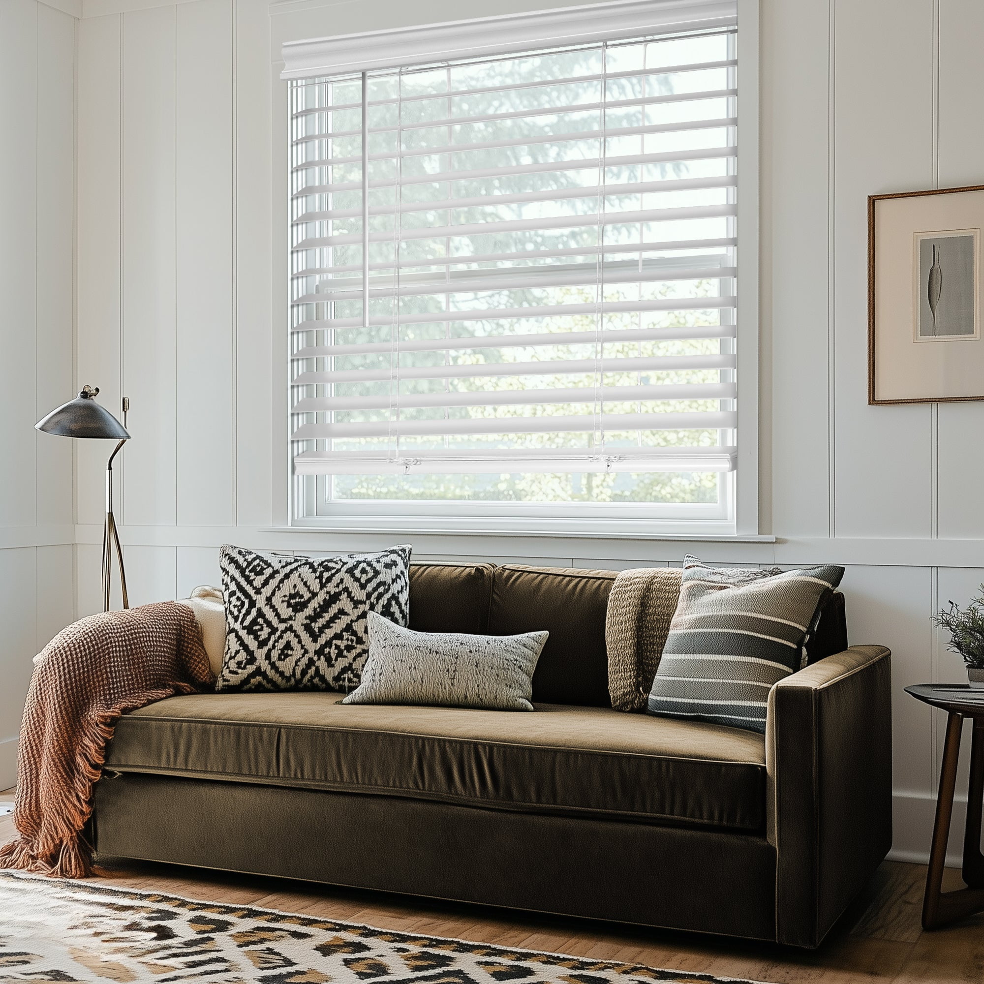 Chicology Cordless Faux Wood Blinds 2 in Slats Blackout No Hole Design Valance, 46"W x 48"H