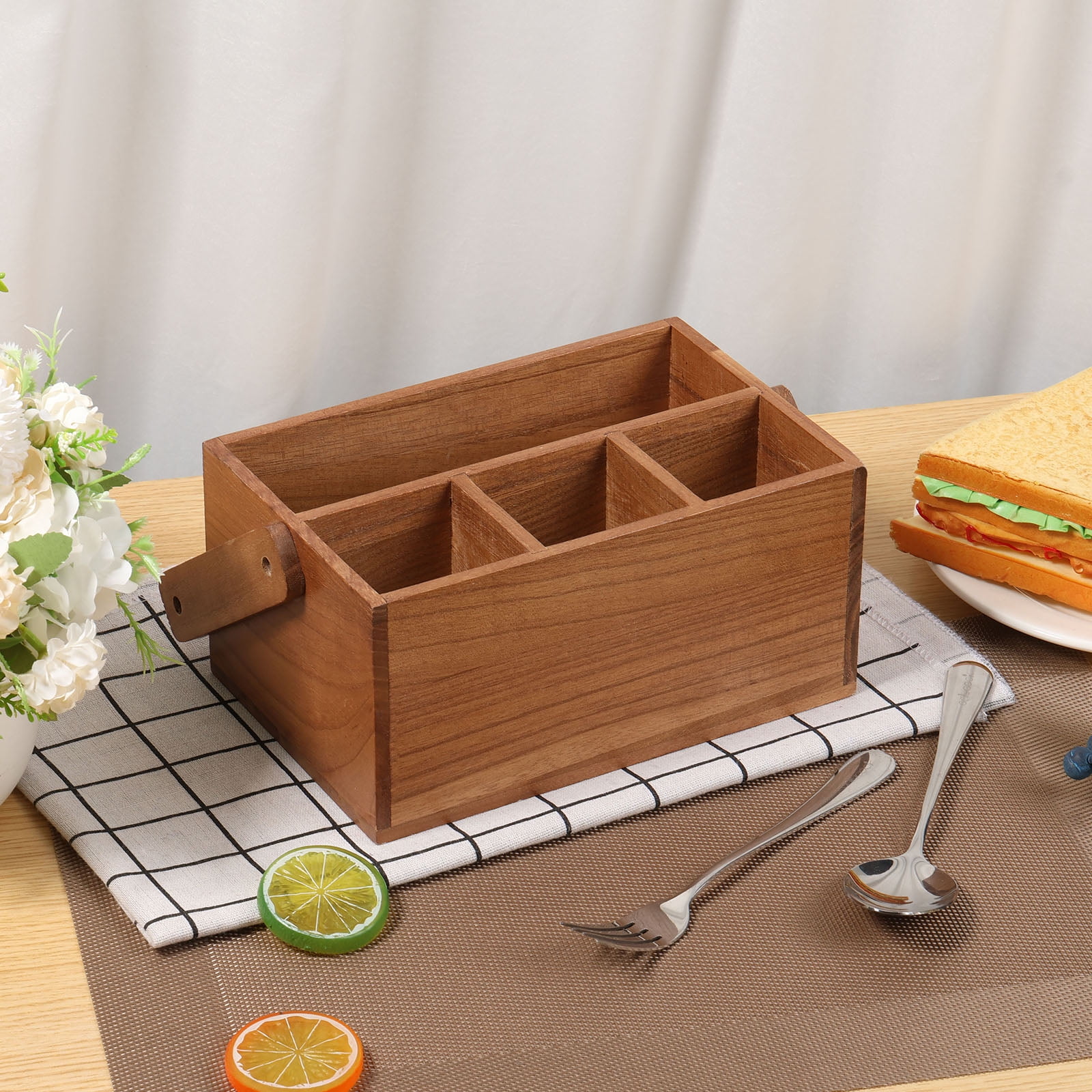 Wood Silverware Caddy with Handle 4 Compartments Utensil Holder Kitchen Cutlery Holder Multipurpose Organizer for Kitchen Office Bathroom Bedroom