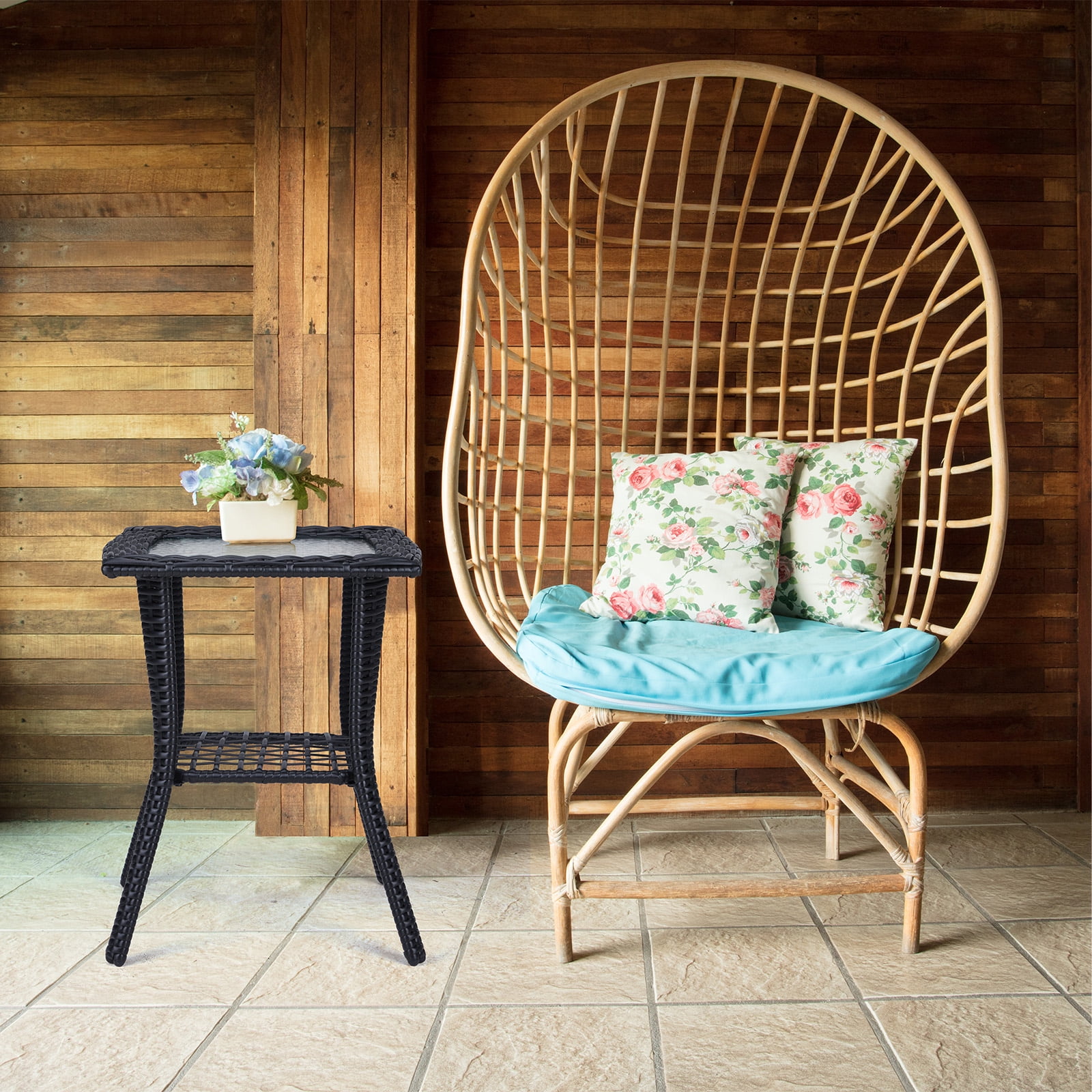 Wicker Side Table with Glass Table Top, Square PE Rattan Outdoor End Table for Patio, Garden, Poolside, Deck w/UV-Resistant Frame, Storage Space, Black