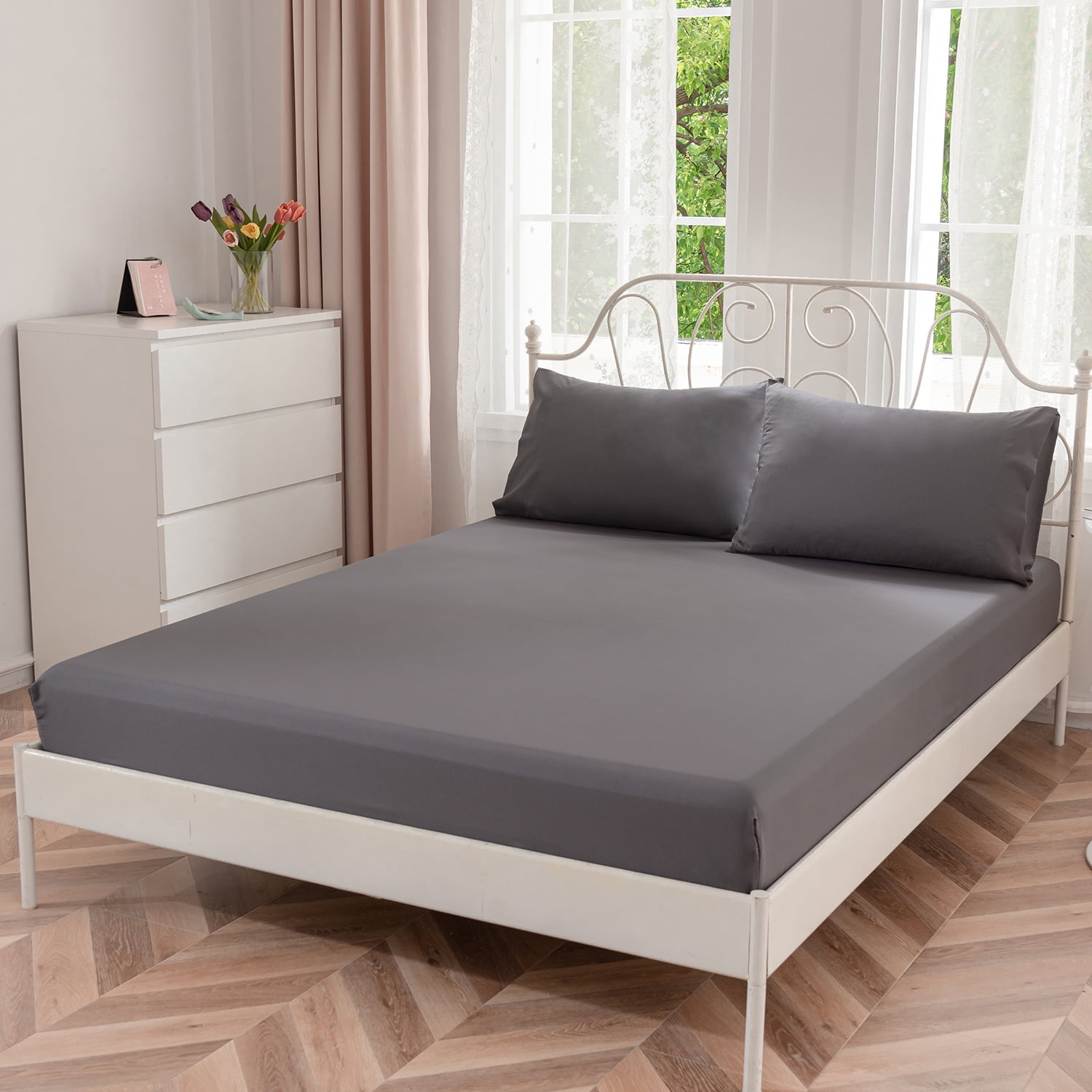 JOHNPEY Silky Bed Sheets Set Bamboo Soft Bed Sheets for Queen Size Bed,Flat Sheet + Fitted Sheet + 2 Pillowcase,Queen,Dark Gray