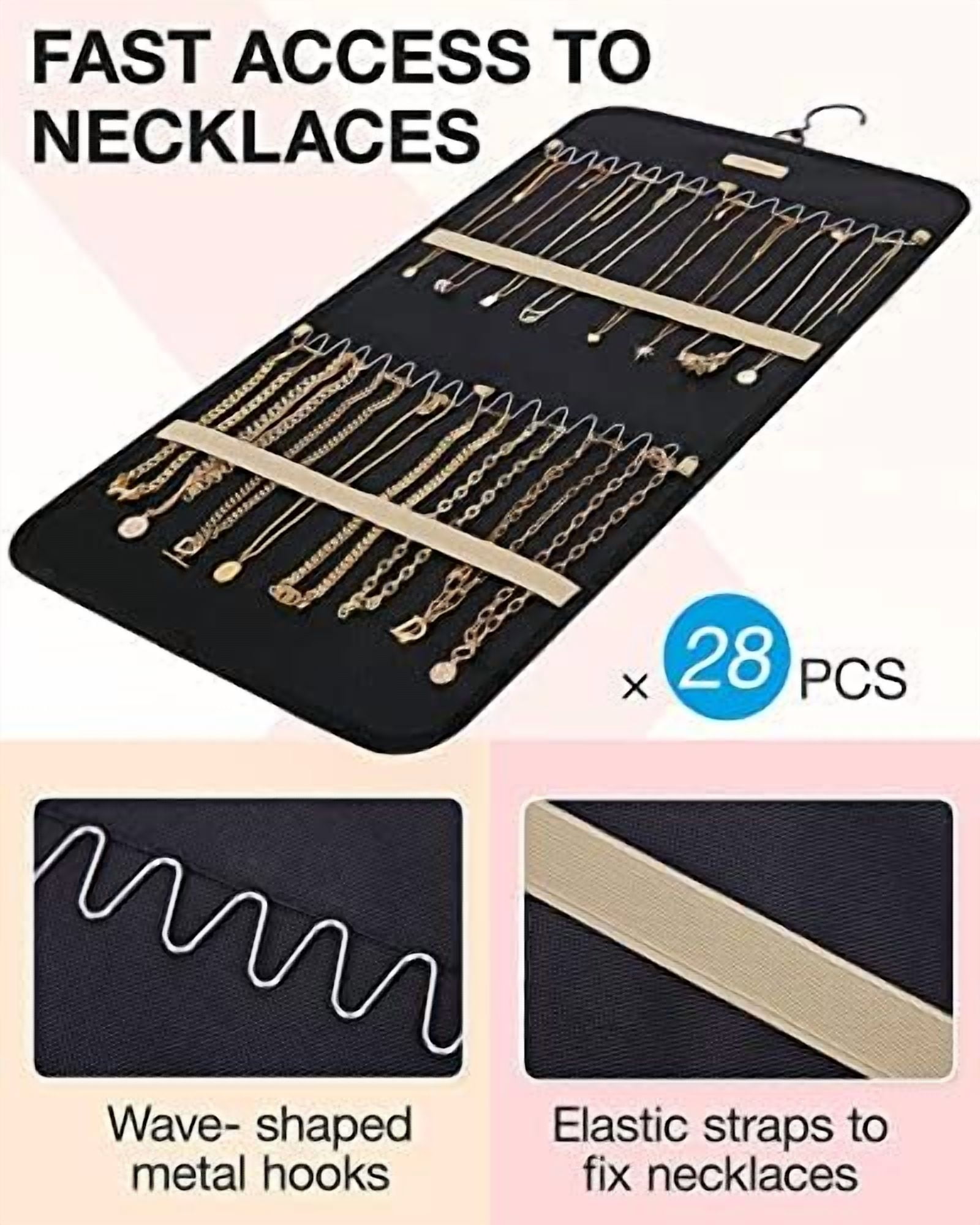 Hanging Jewelry Organizer Storage Roll with Hanger Metal Hooks Double-Sided Jewelry Holder for Earrings, Necklaces, Rings on Closet, Wall, Door, 1 piece, Medium, Black