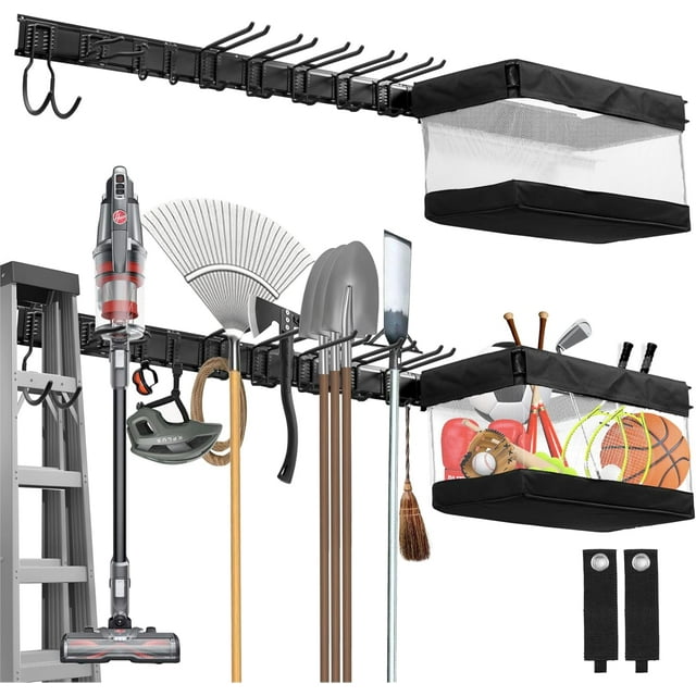 Tool Organizer Wall Mount Garage Storage Wall Organizer Garden Tool Storage Rack with PC fabric bag holder with Hooks with Straps use for Ski Gears Rake Shovel Yard Tool