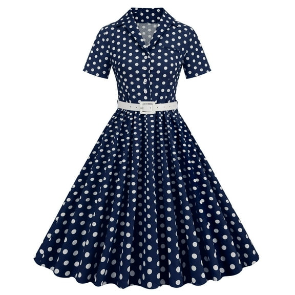 Wycnly Formal Dresses for Women Vintage 1950S Button Down Pleated Swing A Line Party Prom Dresses with Belt Short Sleeve V-Neck Polka Dot Print 2024 Summer Midi Dress Navy XXL