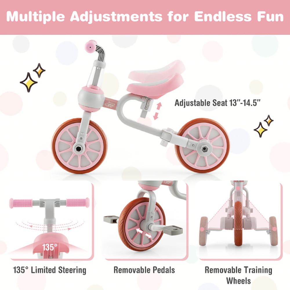 Kadyn Toddler Balance Bike, Kids Bike,4-in-1 Kids Trike Bike with Adjustable Parent Push Handle and Seat Height-Pink
