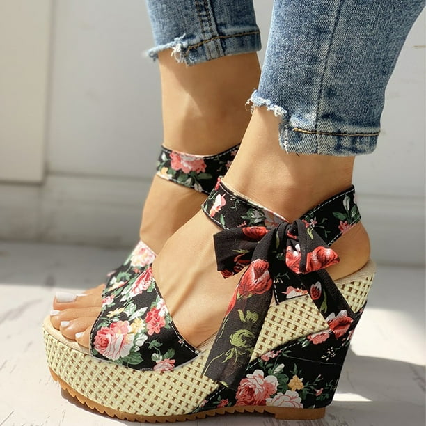 CAICJ98 Platform Sandals Summer Gladiator Sandal for Women Open Toe Braided Fashion Casual Rubber Zipper Comfortable Espadrille Flat Sandals Black