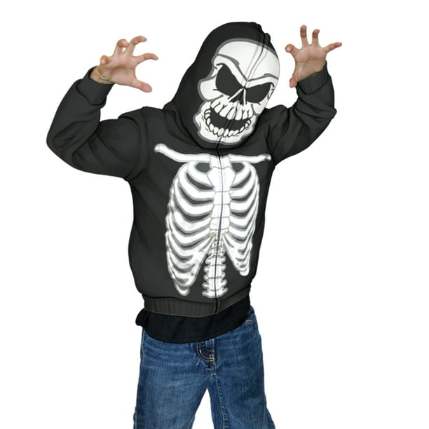 Glow in The Dark Skeleton Mask Full Zip Up Hoodie Halloween Costume for