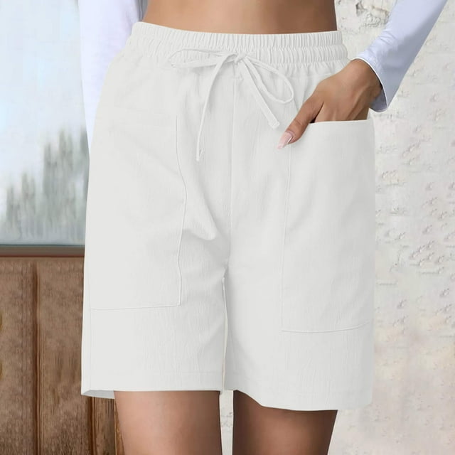 Styesk Shorts for Women Women Solid Color Wrinkle Elastic Drawstring Waist Shorts Pocket Drawstring Casual Shorts
