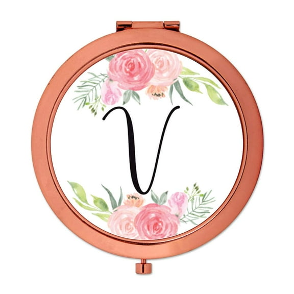 Koyal Wholesale Compact Mirror Bridesmaid's Wedding Gift, Rose Gold, Monogram Letter V, Peach and Pink Roses, 1-Pack