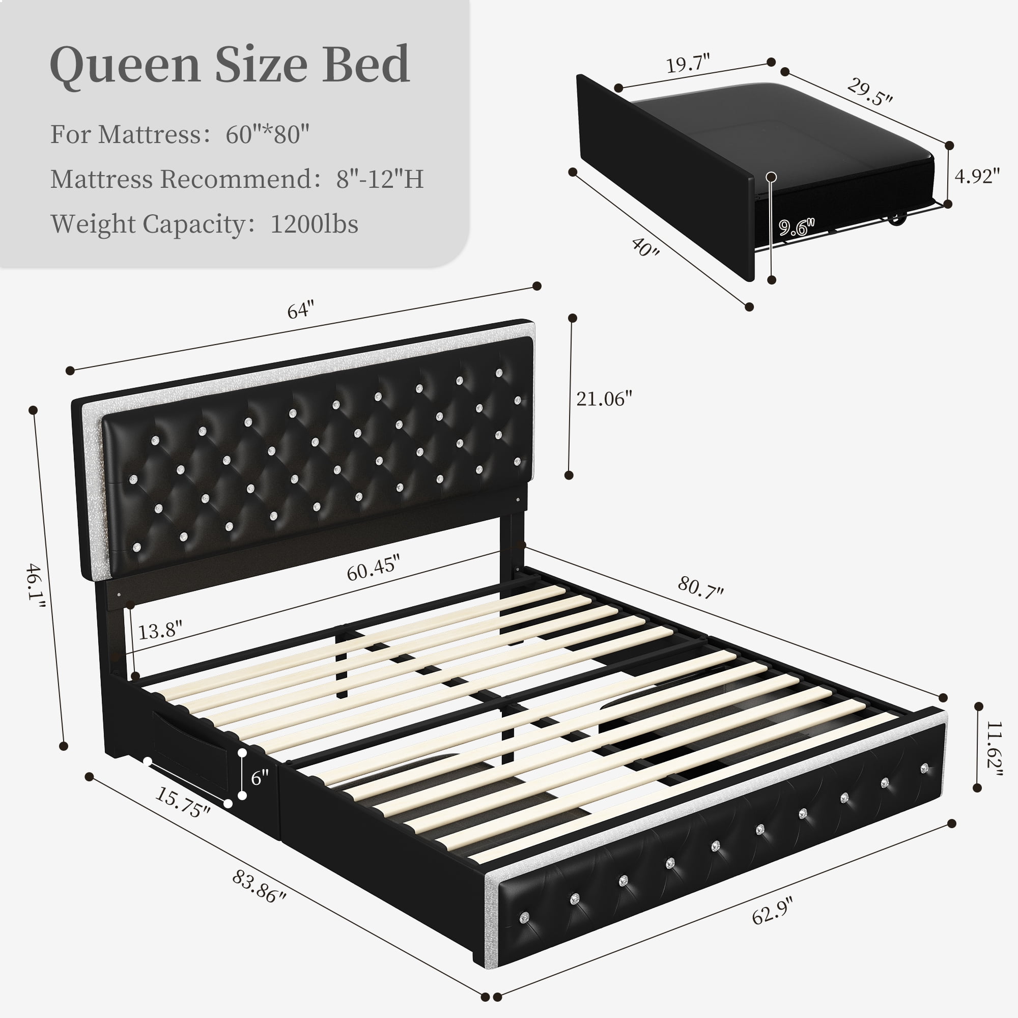 SIBEDS Queen Upholstered LED Bed Frame with 2 Storage Drawers, PU Leather Black Diamond Tufted Headboard, RGB Lights, Noise Free, No Box Spring Needed
