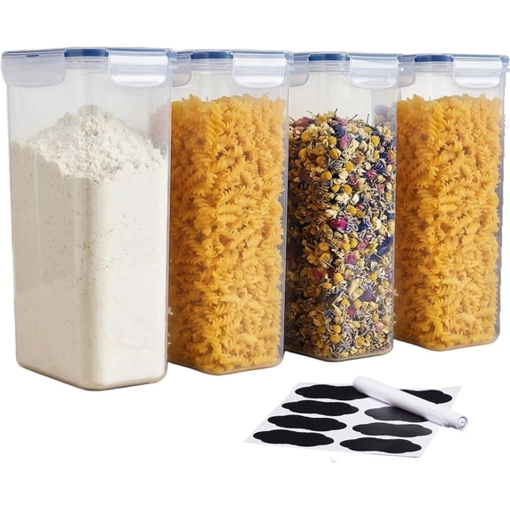 4 Packs Airtight Food Storage Containers with Lids (2.8lx4)，Pasta Containers for Pantry Organization and Storage, BPA Free Kitchen Canisters for Spaghetti, Flour,  Noodles Come with free labels And