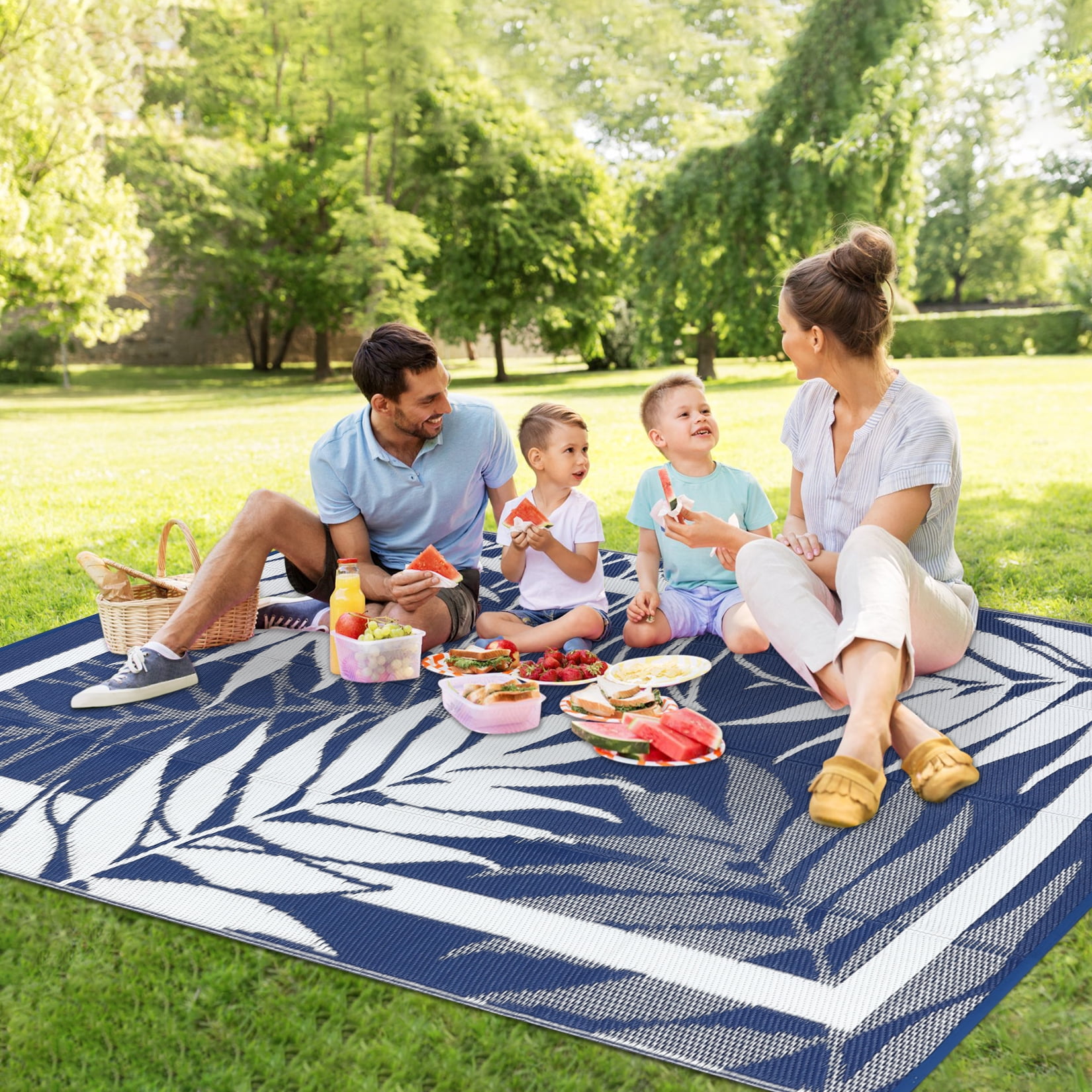 Garvee 8'x10' Waterproof Outdoor Rug Leaf Pattern Bordered Plastic Patio Mat, Modern Reversible Non-Slip Outdoor Carpet for Camping, RV, Balcony, Porch, Picnic, Dark Blue and White