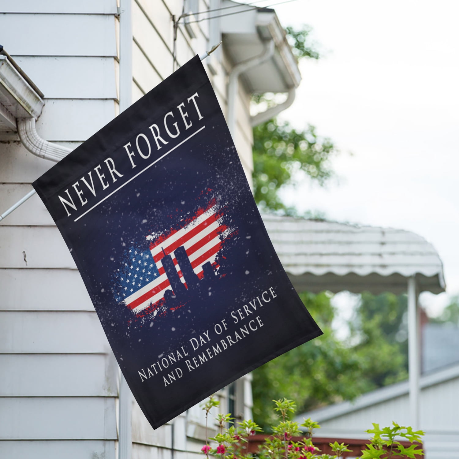 America Forever Never Forget House Flag, 28 x 40 inch Double Sided, 9/11 Memorial Patriotic Flag, National Day of Service and Remembrance, Twin Towers American Flag Yard Decor