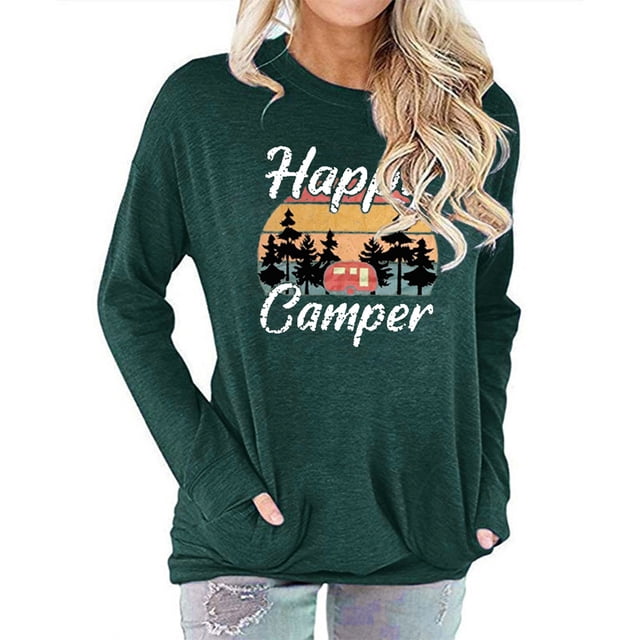 Camiseta Cuello Redondo Manga Larga Bolsillo Estampado Cómoda Blusa Casual para Mujer Atrovirens L