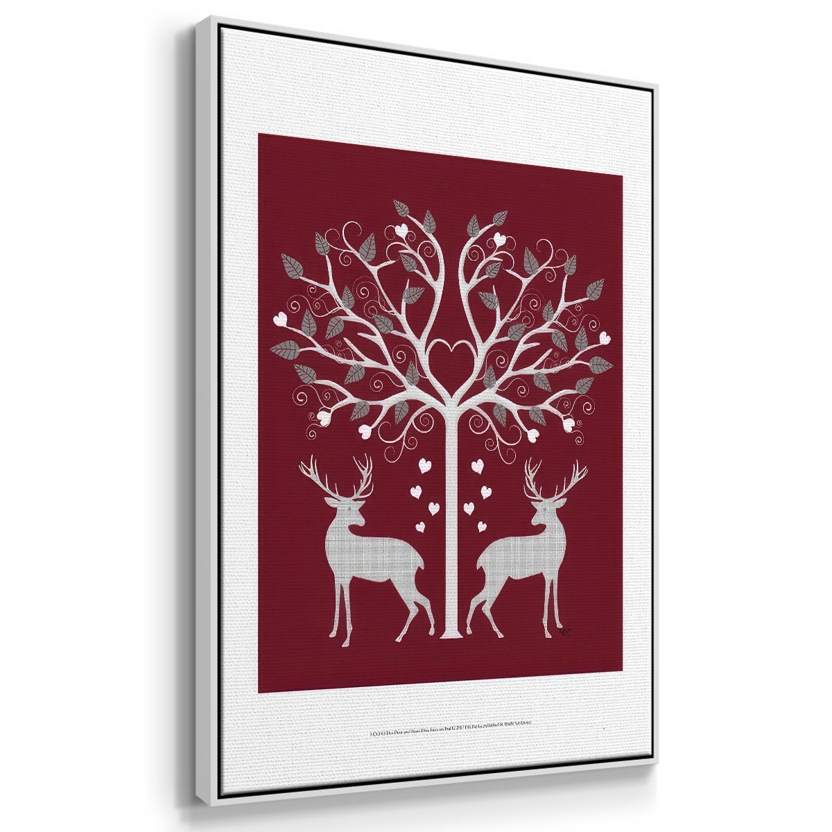 Christmas Des - Deer and Heart Tree, Grey on Red - Framed Gallery Wrapped Holiday Canvas - 25 x 37 - White Frame
