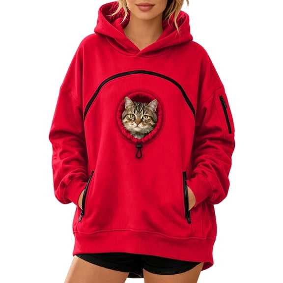 Pet Pouch Hoodie for Women Fleece Kangaroo Pocket Sweatshirt Front Carry Pouch Cat Dogpouch Pullover with Large Pocket
