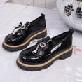 thumbnail image 4 of Xucatan Women's Patent Leather Pointed Toe Flats with Hollow Bow and Rhinestone Detail, Serrated Platform Loafers with Height Increase, Comfortable Slip On Shoes for Spring Summer Walking Gift, 4 of 9