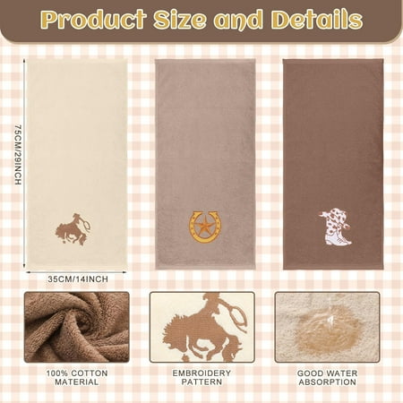 MHAWBL-3 Pcs Western Cowboy Brown Hand Towels for Bathroom Rodeo Embroidered Decorative 100% Cotton 13.3 x 29.5 Kitchen Towels for Bathroom Farmhouse Decor Rustic Holiday Housewarming Gift