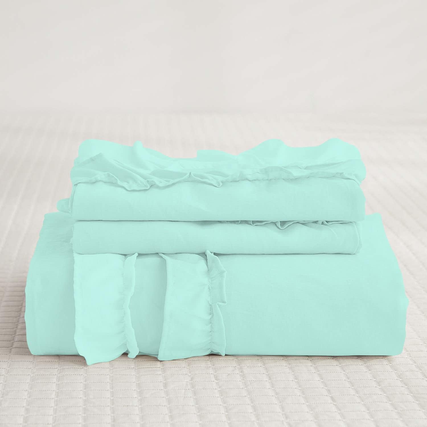 D.N.G. BEDDINGS Luxurious 3 Piece Double Ruffle Duvet Cover With Zipper Closure, 100% Egyptian Cotton, 800 Thread Cotton Full/Queen Size Aqua Blue Solid