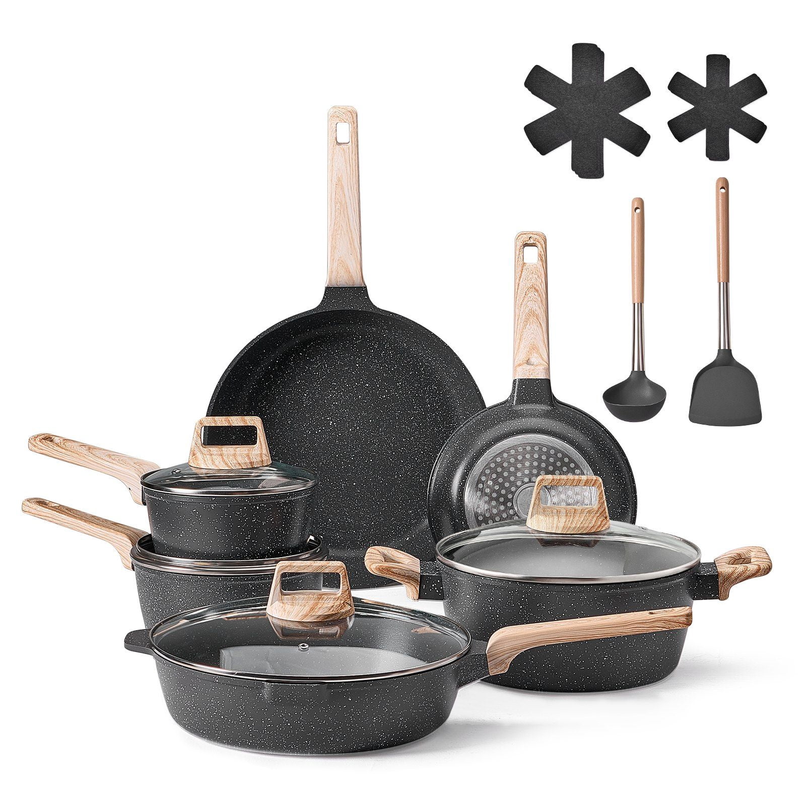 17 Piece Pots and Pans Set Granite Coating Nonstick Cookware Kitchenware Induction Compatible Black
