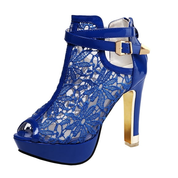 getmorebeauty Women's Pretty Lace Flowers Open Toes High Heels Ankle Boots (US 8, Blue)