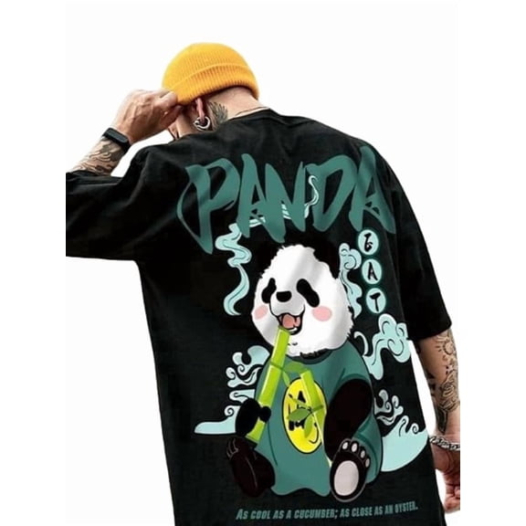 Men's Black "The Panda Way" Graphic Printed Oversized T-Shirt, Drop Shoulder Streetwear Tee, Size Medium