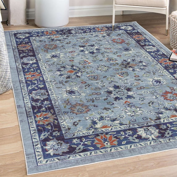 Blossom Decorative Rug, Spring Days Flowering Plants with Ivy Creeper Botanic Vintage Style Art, Quality Carpet for Bedroom Dorm and Living Room, 6 Sizes, Night Blue Blue Grey, by Ambesonne