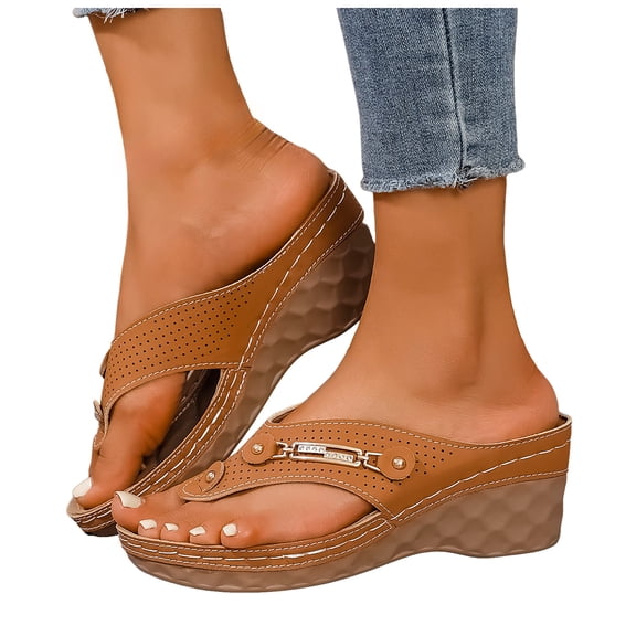 Orthopedic Wedge Sandals for Women Slip On Casual Platform Flip Flops Wide Toe Box Lightweight Beach Tong Sandal Red Size 9