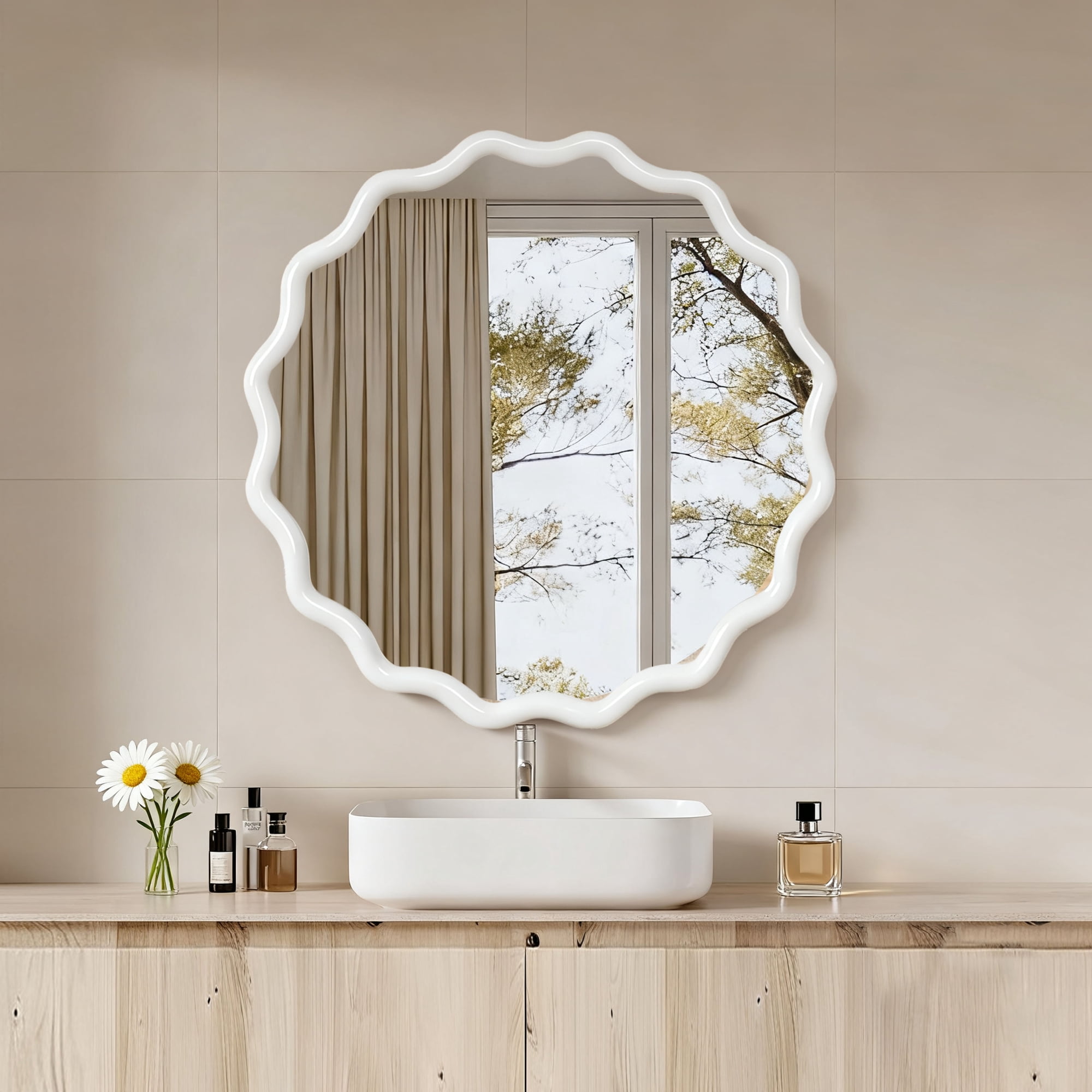 Leumius 30" Wavy Round Mirror, Solid Wood Frame Decorative Mirror for Bedroom Bathroom Living Room Entryway White