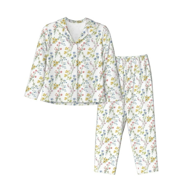 Balery Floral Conjunto de Pijama con Estampado para Mujer, Conjunto de Dos Piezas con Manga Larga, Ropa de Dormir Suave con Bolsillos, Pijamas Cómodos-Medium