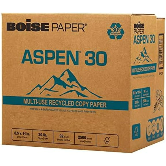 BOISE ASPEN 30% Recycled Multi-Use Copy Paper, 8.5" x 11" Letter, SPLOX Speed Loading Reamless Easy Carry Box, 92 Bright White, 20 lb. (2,500 Sheets)