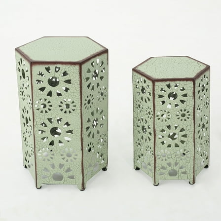 Noble House Vania 12 Inch and 14 Inch Sunburst Iron Side Table Set, Crackle Green