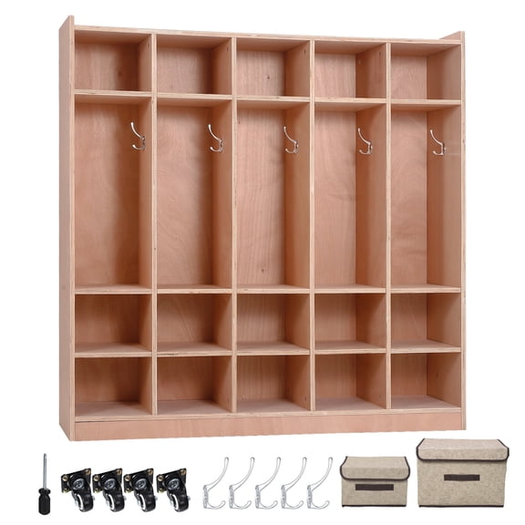 Wisykoke 5-Section Cubby Storage Organizer with 15 Cubbies, Classroom Coat Locker with Anti-Tip Anchors, 2 Storage Boxes, 4 Casters & 5 Hooks for Daycare & Home Use