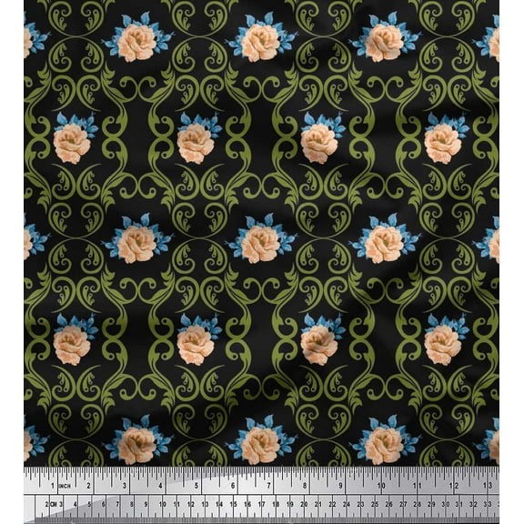 Soimoi Cotton Duck Fabric Filigree Damask,Leaves & Peony Floral Print Fabric by Yard 42 Inch Wide