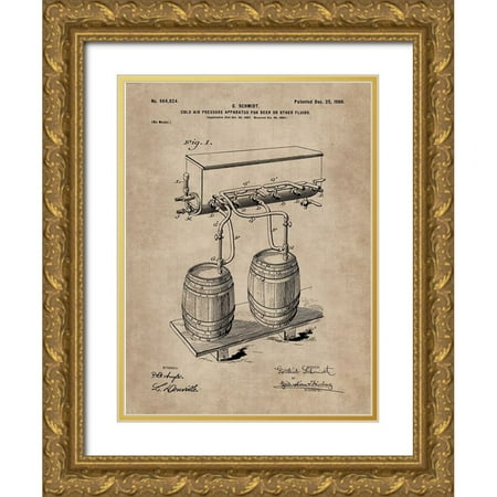 CAG 25x32 Gold Ornate Wood Framed with Double Matting Museum Art Print Titled - Patent Document of a Cold Air Pressure Apparatus for Beer
