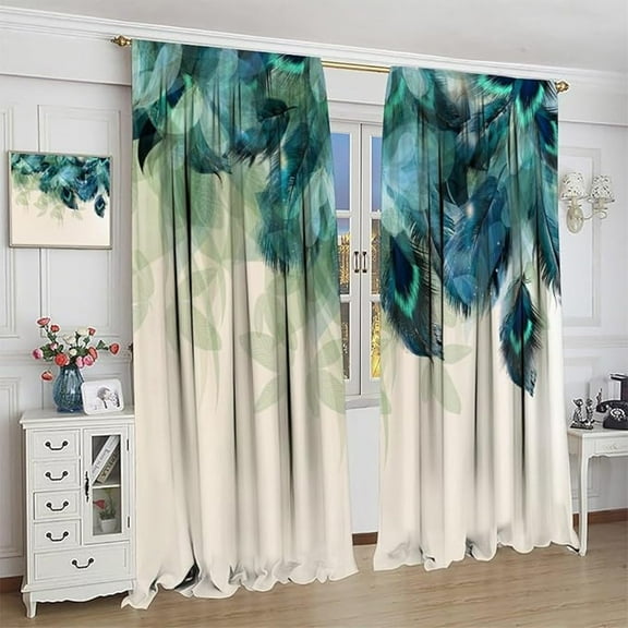 Peacock Feather Blackout Curtains Teal Blue Floral Bird Feather Modern Art Printed Window Drapes For Bedroom Living Room Decor Fabric 53"W x 63"L (Pack of 2)