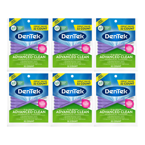 DenTek Slim Brush Advanced Clean Interdental Cleaners, Tight, Fresh Mint, 32 Count - 6 Pack