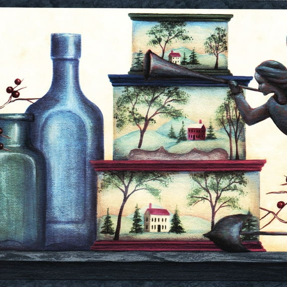 Concord Wallcoverings Wallpaper Border Country Pattern Books Candle Vintage Boxes Jug with Berries on Vine Angle for Living Room Cottage, White Aqua Blue Grey Beige, 8 Inches by 15 Feet PC95121B