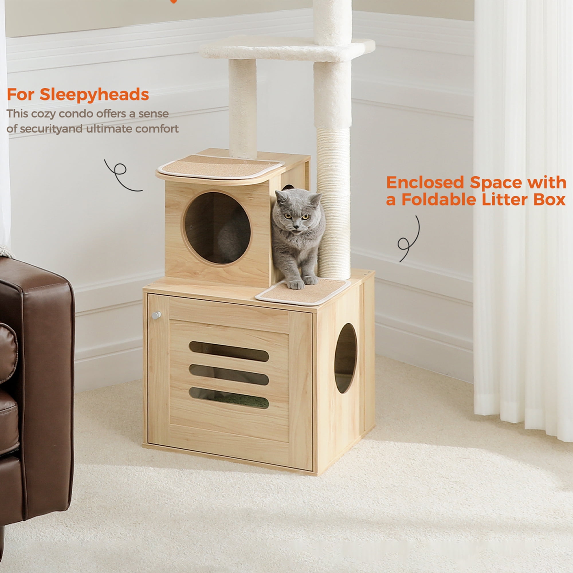 Pefilos 90"-110" Adjustable Height Cat Tree Tower Floor-to-Ceiling, Multi-Level Cat Activity Center, Cat Condo with Litter Box Enclosure, Beige Pefilos 90"-110" Adjustable Height Cat Tree Tower Floor-to-Ceiling, Multi-Level Cat Activity Center, Cat Condo with Litter Box Enclosure, Beige