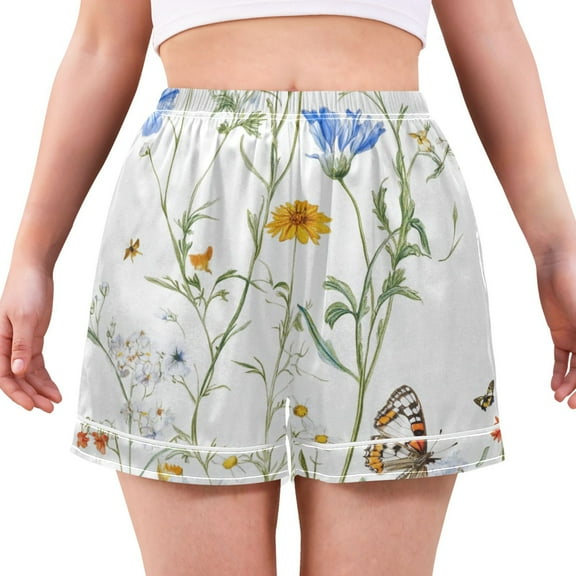 Women's Satin Pajama Shorts Butterflies and Flowers with Pockets, Elastic Waist Sleep Lounge Shorts