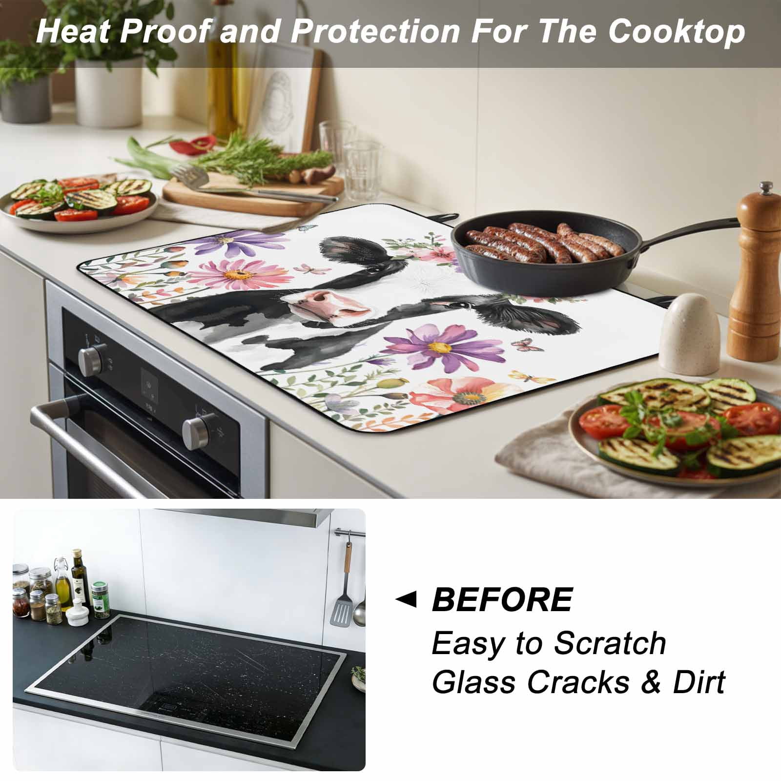 Flowers Cow Stove Top Cover for Electric Stove, Heat-proof & Non Slip Glass Top Stove Cover Protector, Spring Botanical Floral Plants Butterfly Kitchen Flat Cooktop Rubber Mat 24x21 Inches