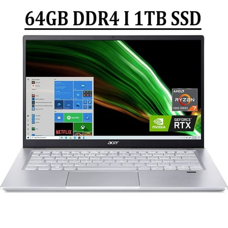 Acer Swift X 14 Gaming Laptop 14" FHD IPS ComfyView Display AMD Octa-Core Ryzen 7 5800U Processor 64GB DDR4 1TB SSD NVIDIA GeForce RTX 3050 Ti 4GB Backlit Keyboard Fingerprint Reader HDMI Win10