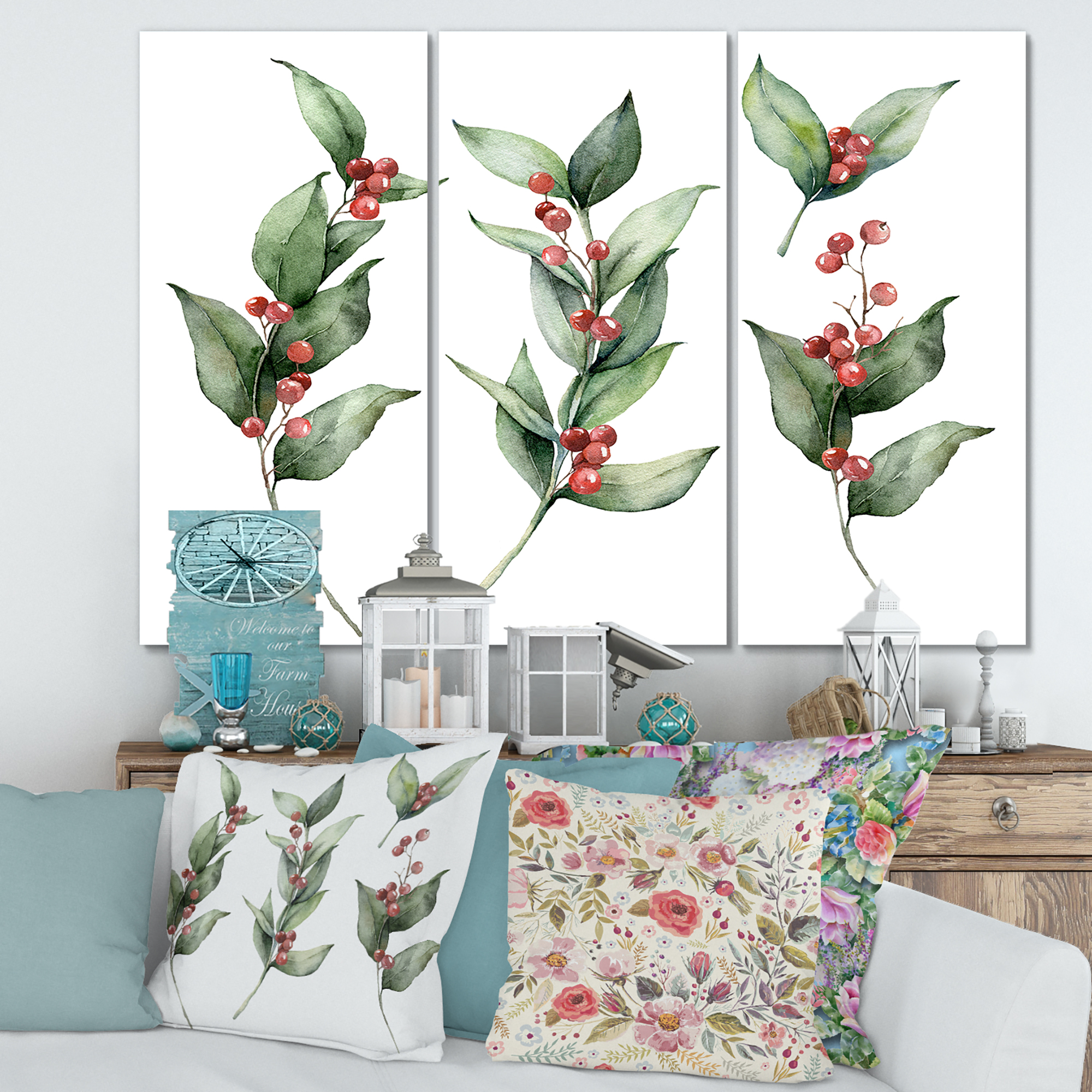 Designart ' Christmas Set Red Berrie With Branches ' Traditional Canvas Wall Art Print